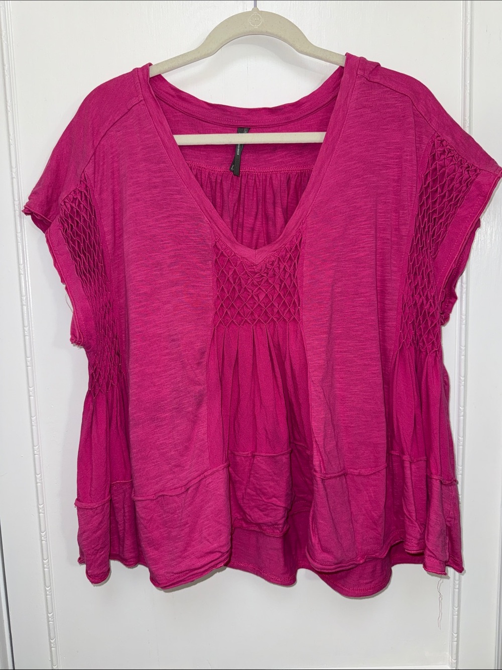 Anthropologie Pink Smocked V-Neck Short Sleeve Top